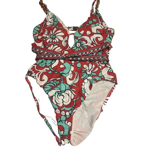 Trina Turk $158 Garden Bloom Plunge One Piece Swimsuit Red Gold Hardware Size L - Picture 2 of 9